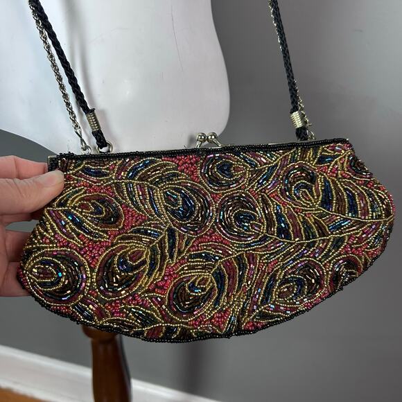 La Regale evening bag beaded peacock feathers colorful sparkle party prom VTG￼￼ - Picture 3 of 8